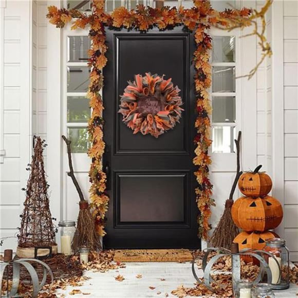 16 Inch Fall Mesh Deco Wreath, Happy Fall Wood Sign Ribbon Wreath Orange Wreath - Picture 4 of 6